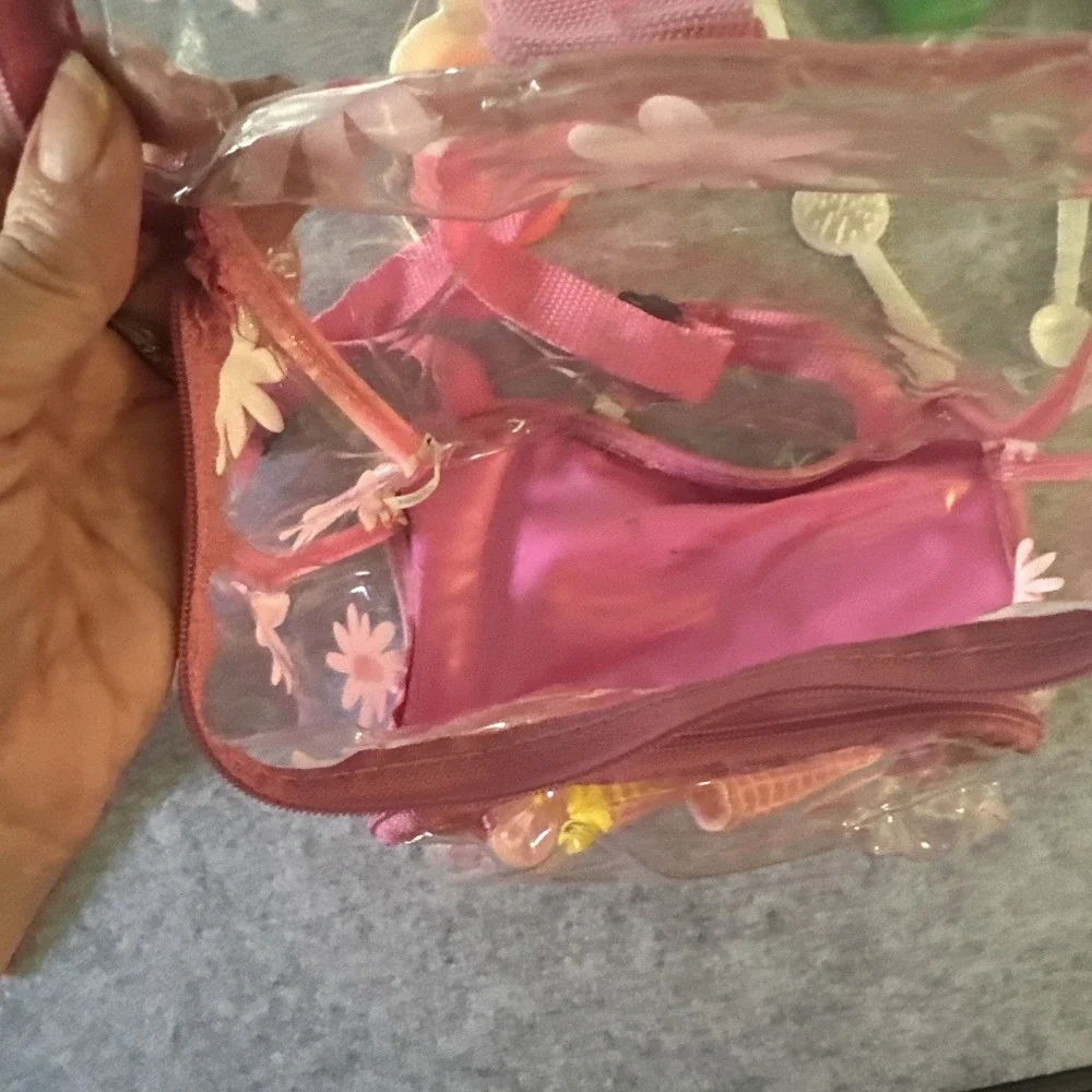 Vintage JC Toys Baby Doll Care Set Clear Bag/backpack With 4 Baby PJ's & Blanket